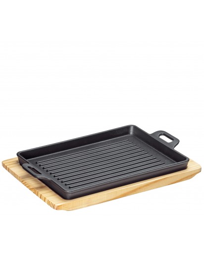 Küchenprofi: BBQ Grill-/Servierplatte eckig Gusseisen mit Holzbrett