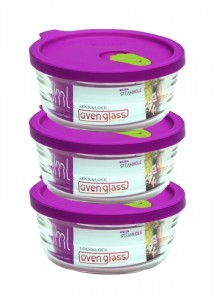 LocknLock: 3x Dose oven glass mit lila Mikrowellen-Deckel, rund, 280ml (LLG741/3)